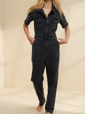 AE Aerie Short Sleeve Washed Black Denim Utility Jumpsuit Black Women Small S